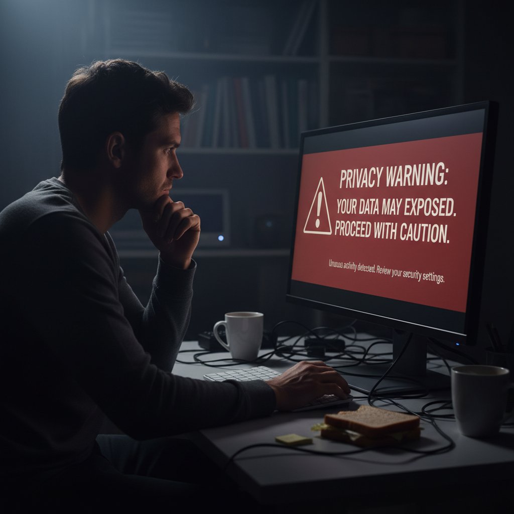 Zdjęcie osoby przy komputerze z zamyślonym wyrazem twarzy, ekran z ostrzeżeniem o prywatności