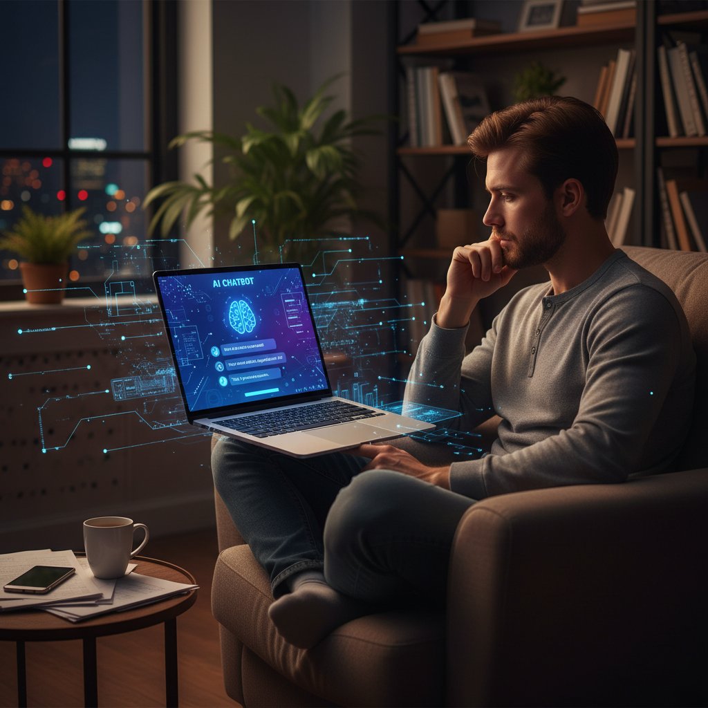Osoba siedzi wieczorem z laptopem, zamyślona, na ekranie okno czatbota AI z filozoficznym pytaniem