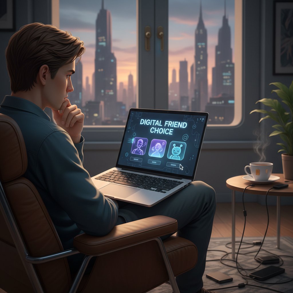 Osoba zastanawiająca się nad wyborem cyfrowego kumpla, patrzy w ekran laptopa z zamyśleniem