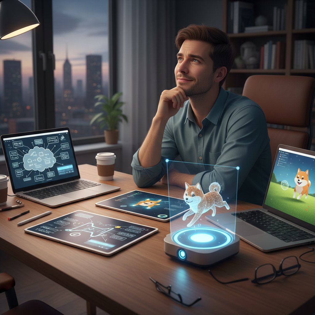 Osoba analizująca notatki na biurku, ekran z psem AI, atmosfera refleksji