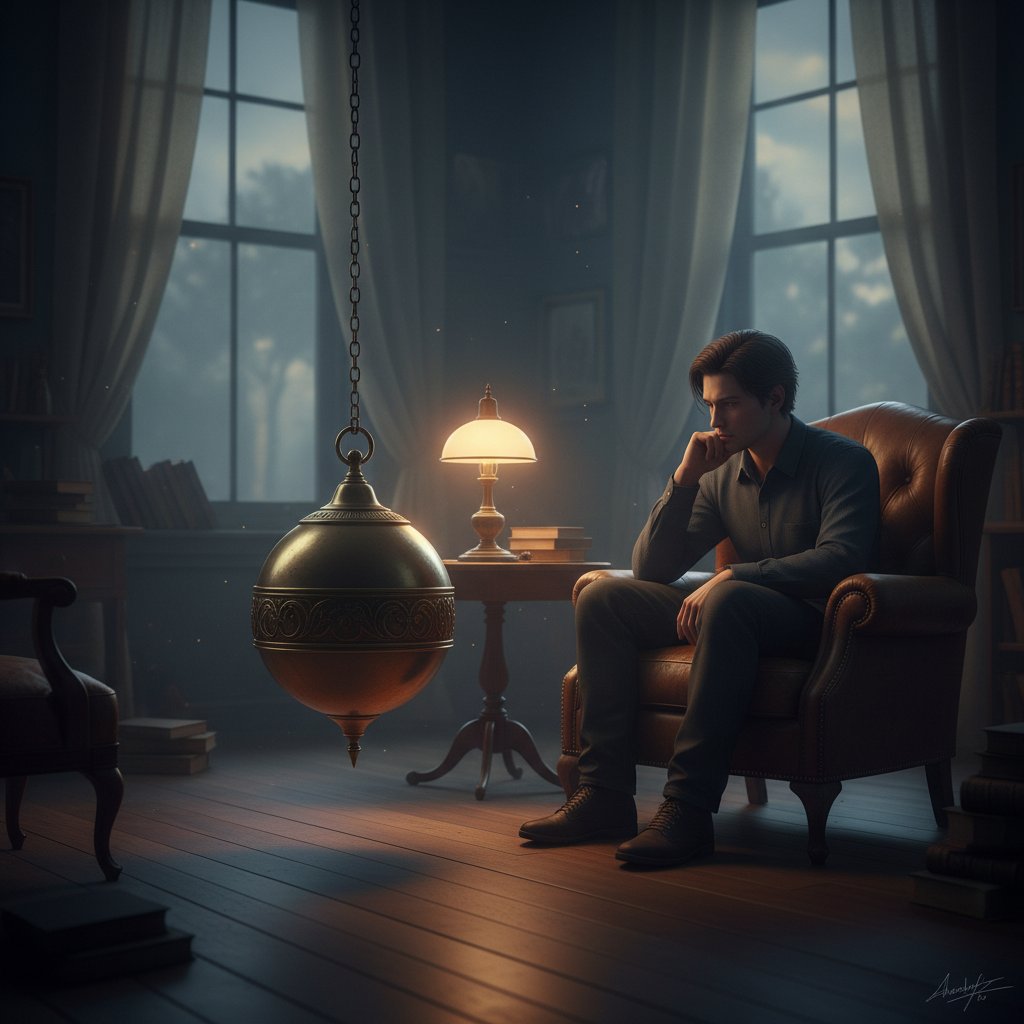 Osoba zamyślona z wahadełkiem w dłoni, półmrok, refleksyjna atmosfera