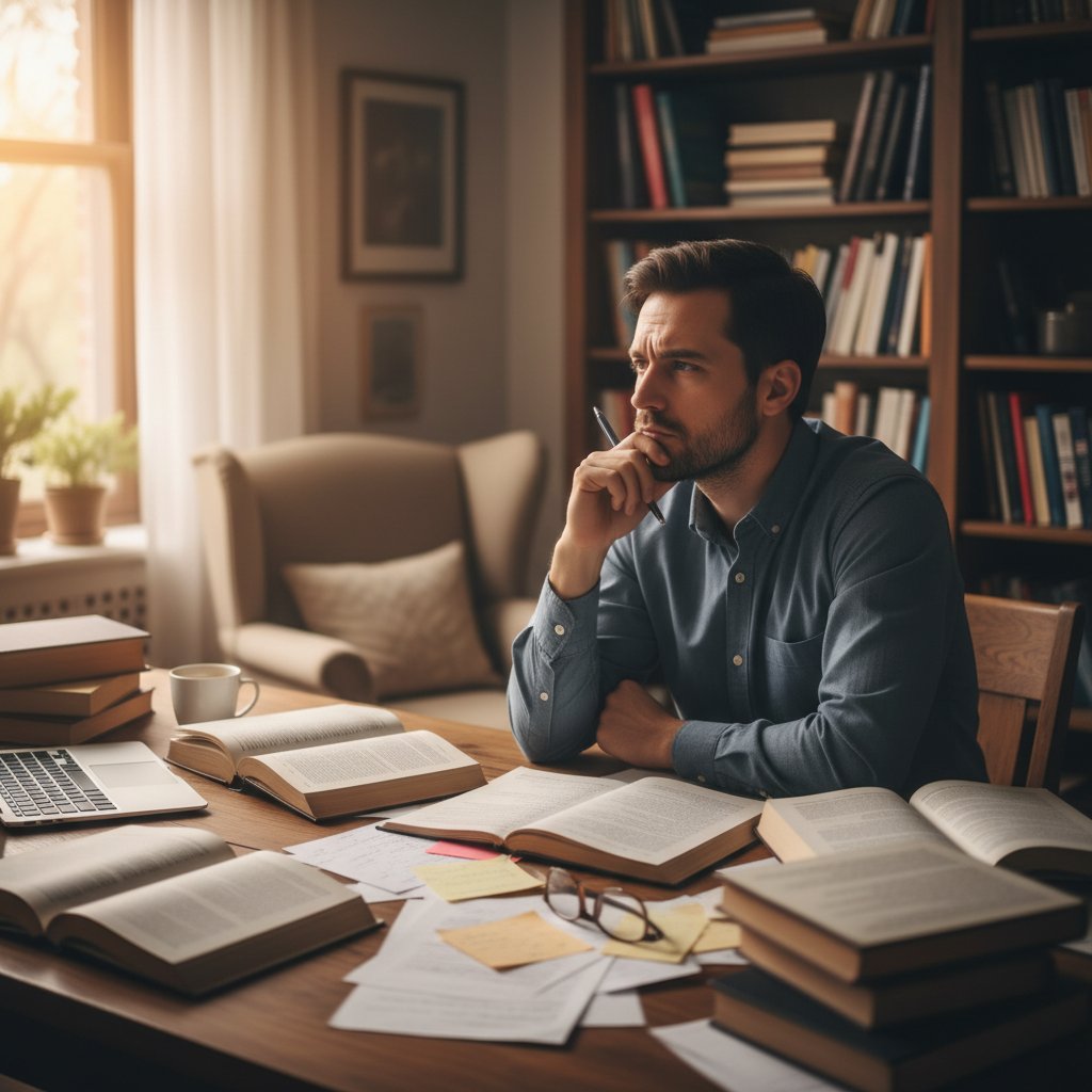 Osoba myśląca intensywnie podczas nauki, na tle książek i notatek, symbolizuje błędy poznawcze