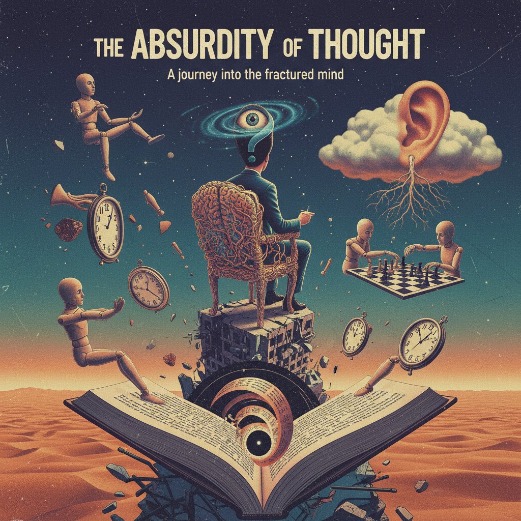 Photo of a person deep in thought in front of a wall of surreal movie posters, symbolizing psychological effects of absurd cinema