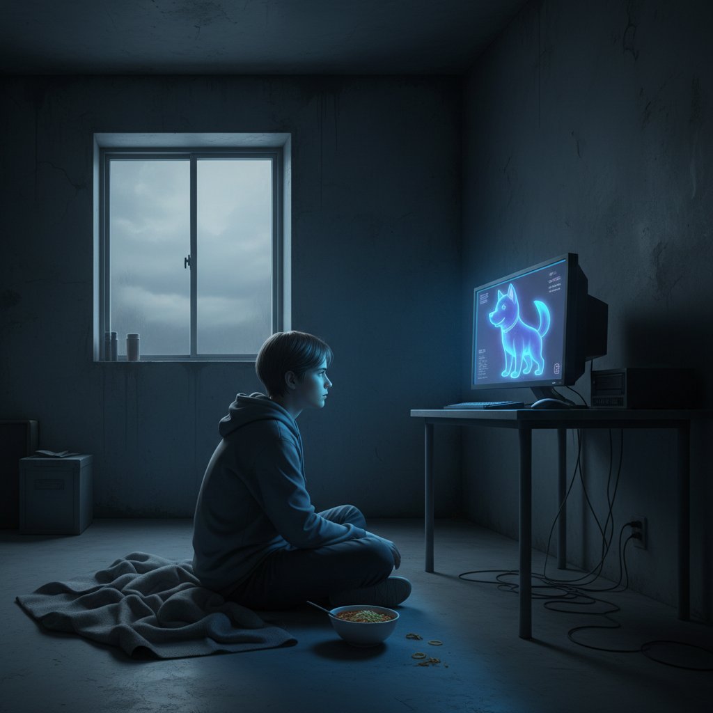 Osoba siedząca przy komputerze z wirtualnym psem, z zamyśloną miną, w tle pusty pokój