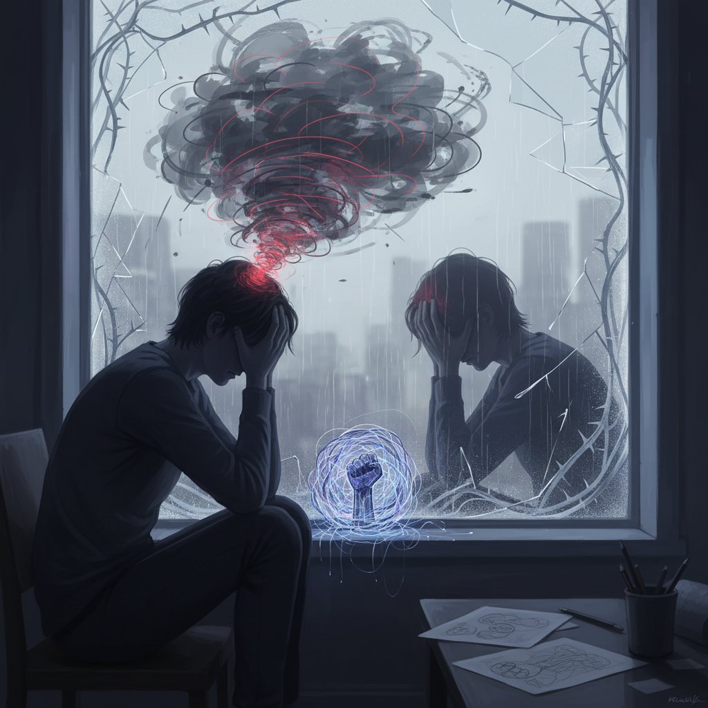 Osoba zamyślona siedząca przy oknie, obrazująca koszt emocjonalny pilnowania granic