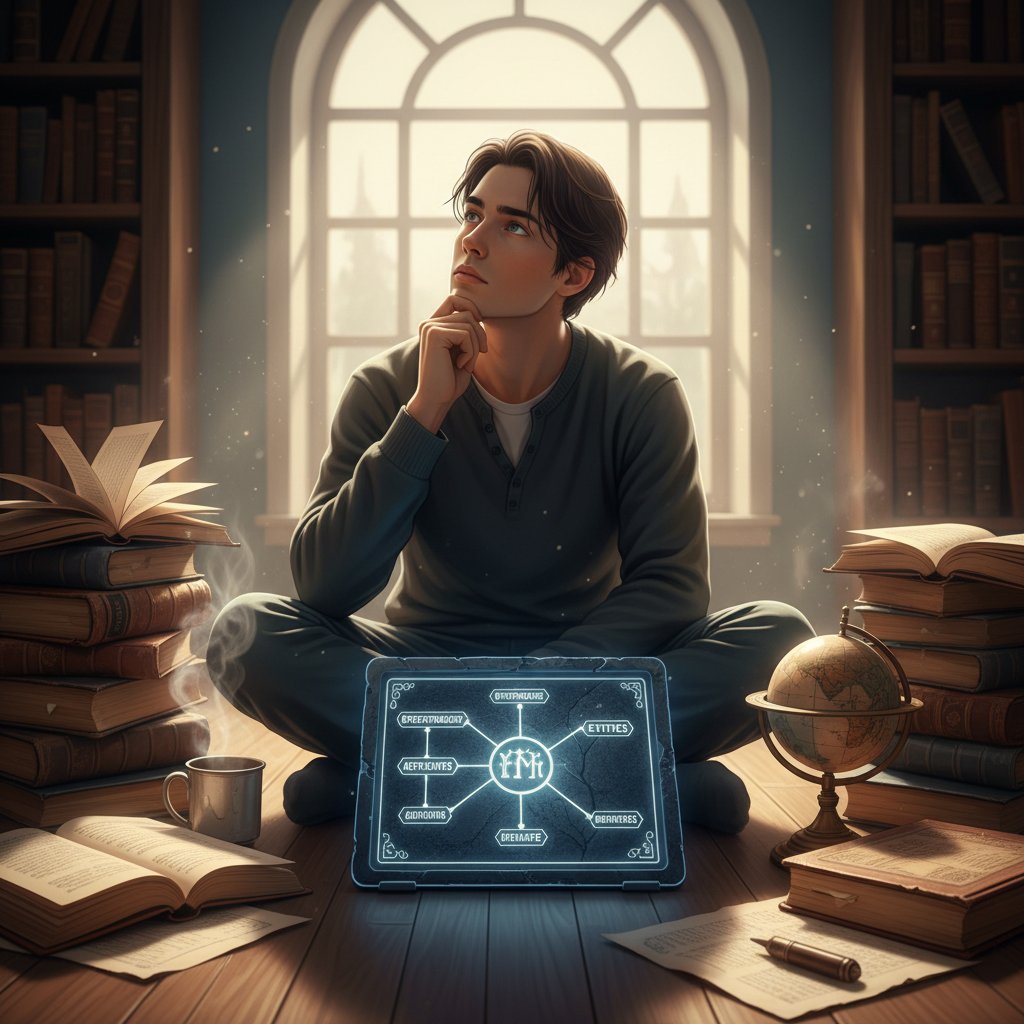 Osoba zamyślona patrzy przez okno, obok leży tablet z otwartą aplikacją filozoficzną, na podłodze książki