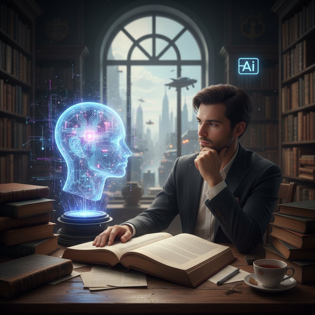 Młoda osoba rozmyślająca nad AI, światło pada na otwartą książkę filozoficzną