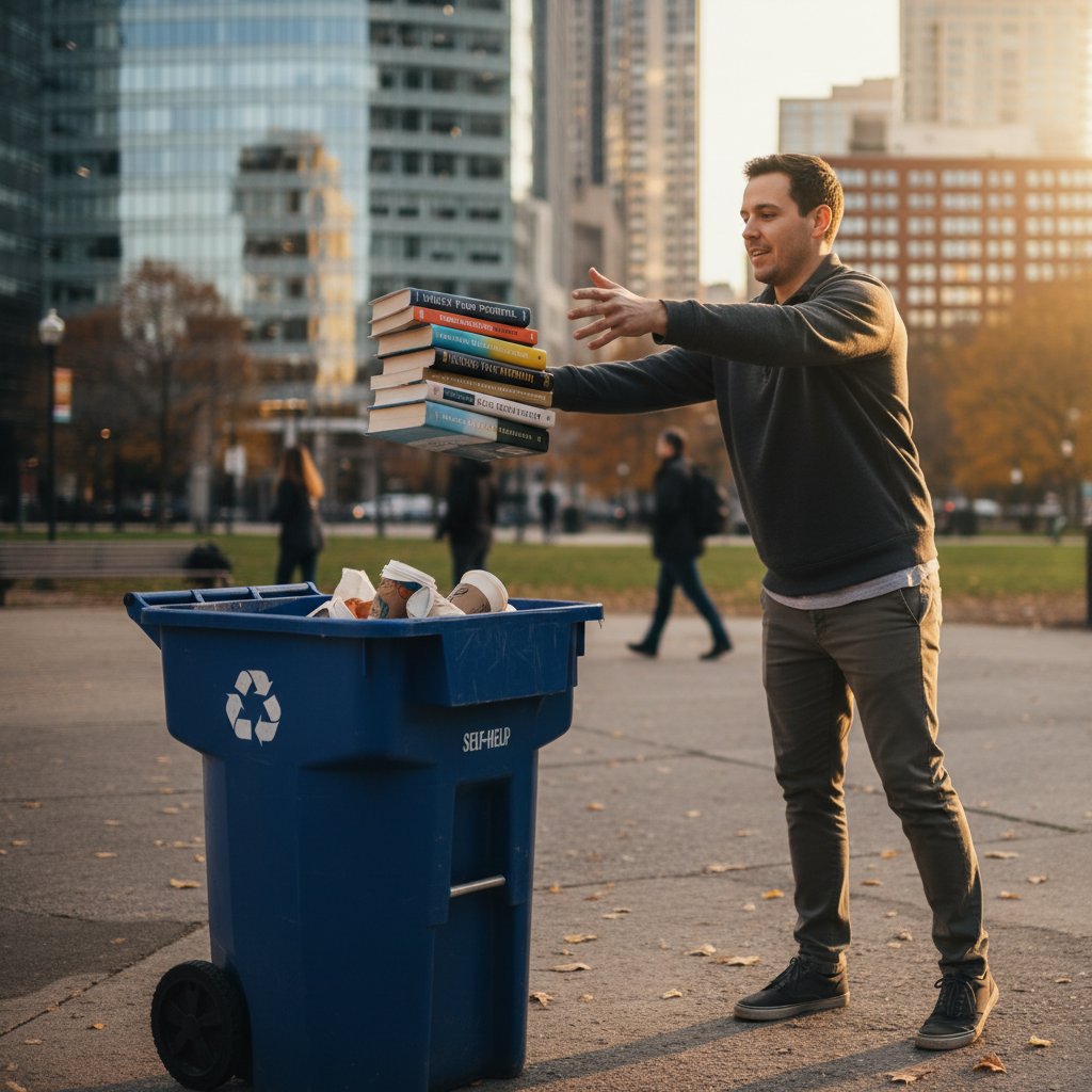 Człowiek wyrzuca poradniki życiowe do recyklingu, miejskie tło, autentyczna scena, 16:9