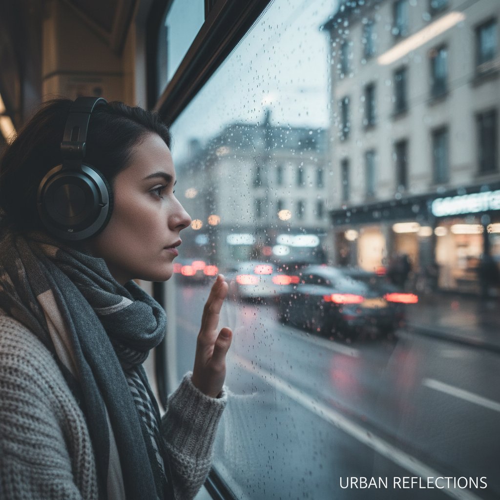 Osoba w tramwaju, zapatrzona przez okno, z słuchawkami