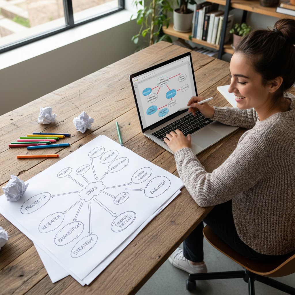 Osoba przepisuje ręczną mapę myśli na laptopa, łącząc świat papierowy i cyfrowy