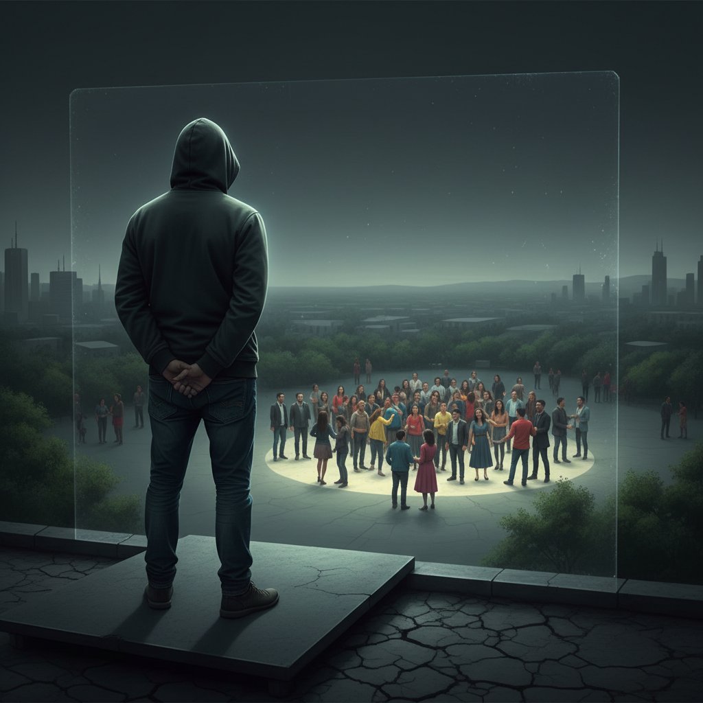 Osoba odwracająca się od grupy, symbolizująca ryzyko pogłębiania izolacji