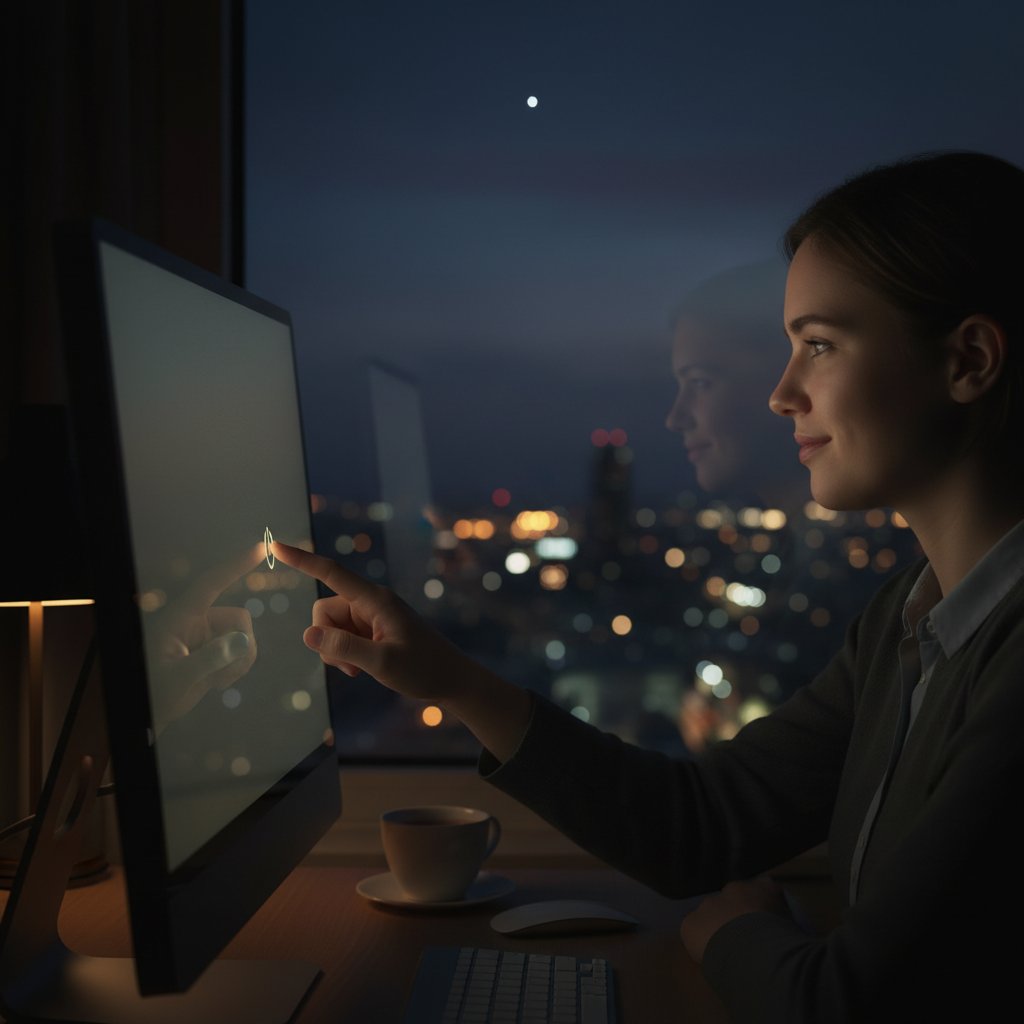 Człowiek świadomie kończący rozmowę online, gotowy na nowe doświadczenia