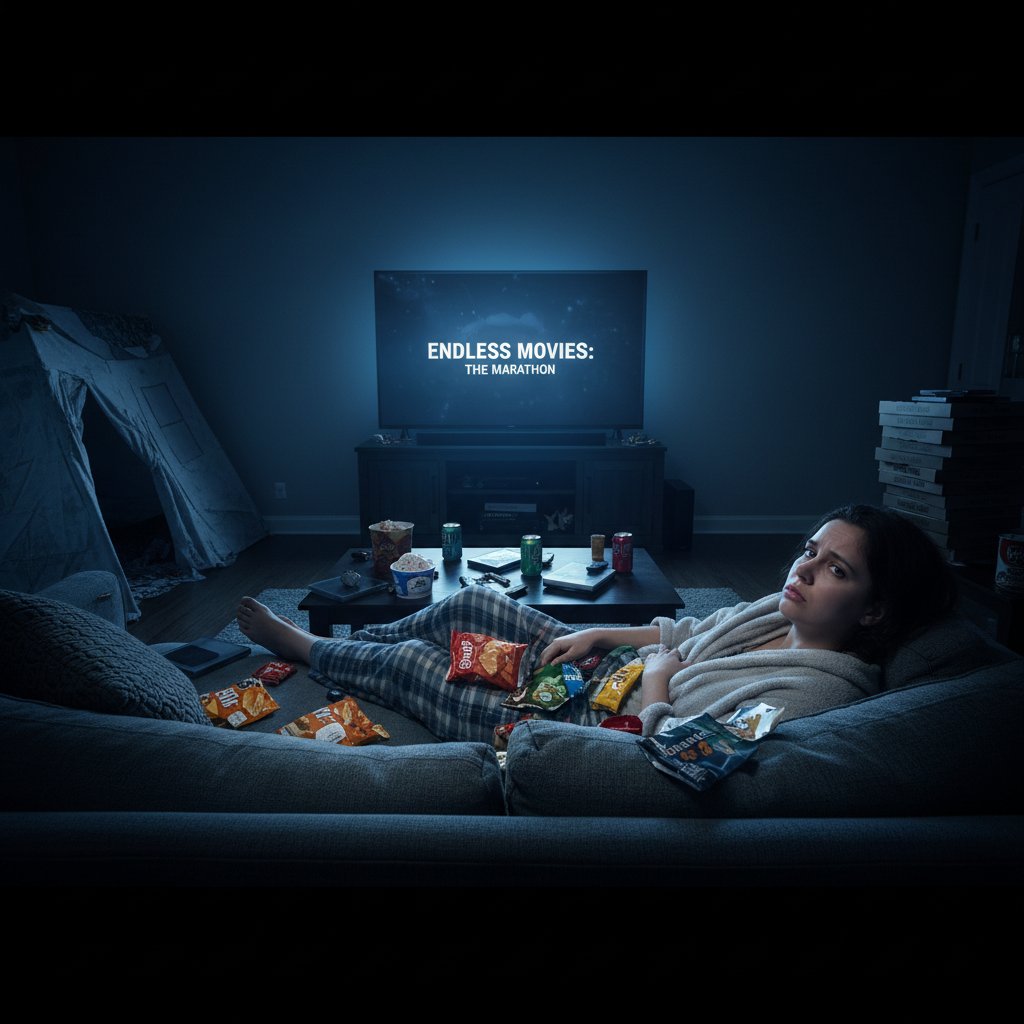 Overwhelmed viewer lost in binge watching endless movies, living room, snack wrappers, movie endless movies