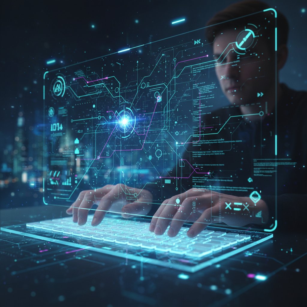 Proces tworzenia odpowiedzi przez AI – osoba wpisująca prompt, ekran z cyfrową animacją