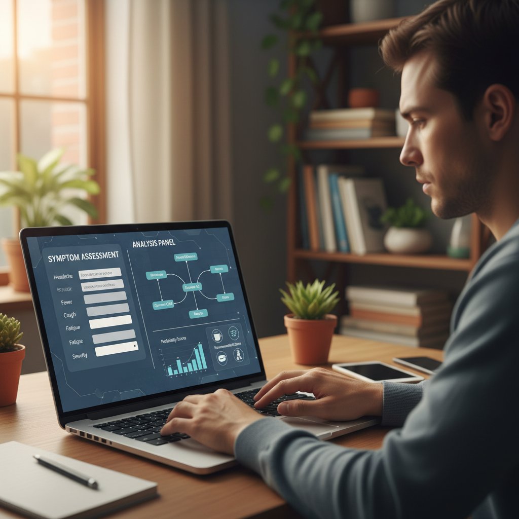 Osoba wpisująca symptomy na laptopie, na ekranie widoczny panel z analizą objawów