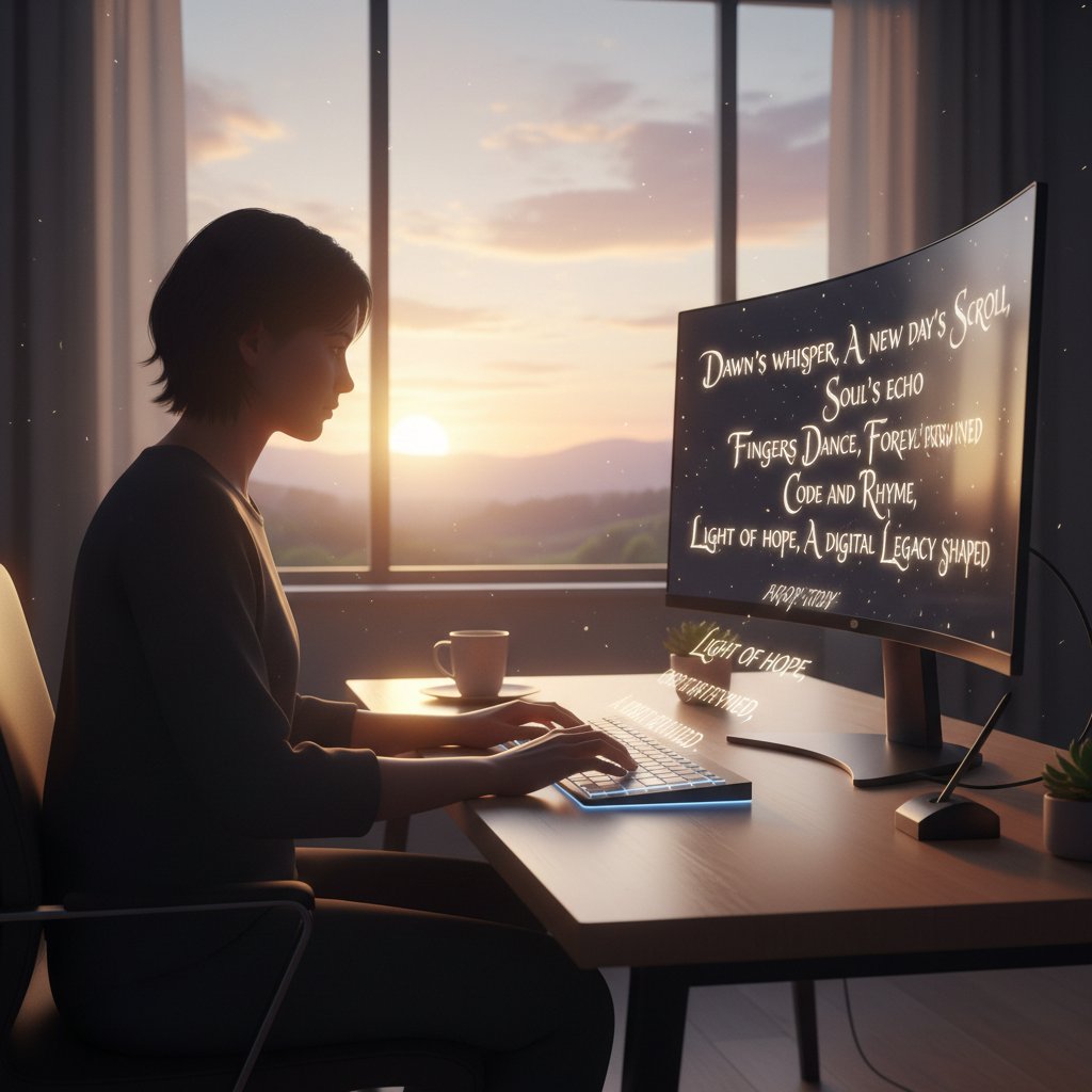 Person typing a poetic tribute at sunrise in a minimalist workspace, hopeful and digital legacy mood