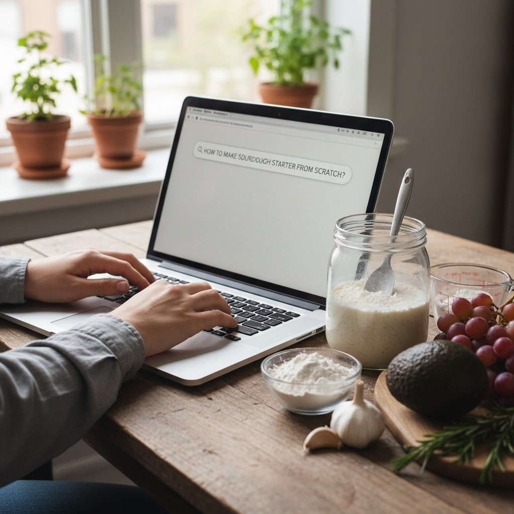 Osoba wpisująca pytanie o gotowanie w laptopa, otoczona składnikami