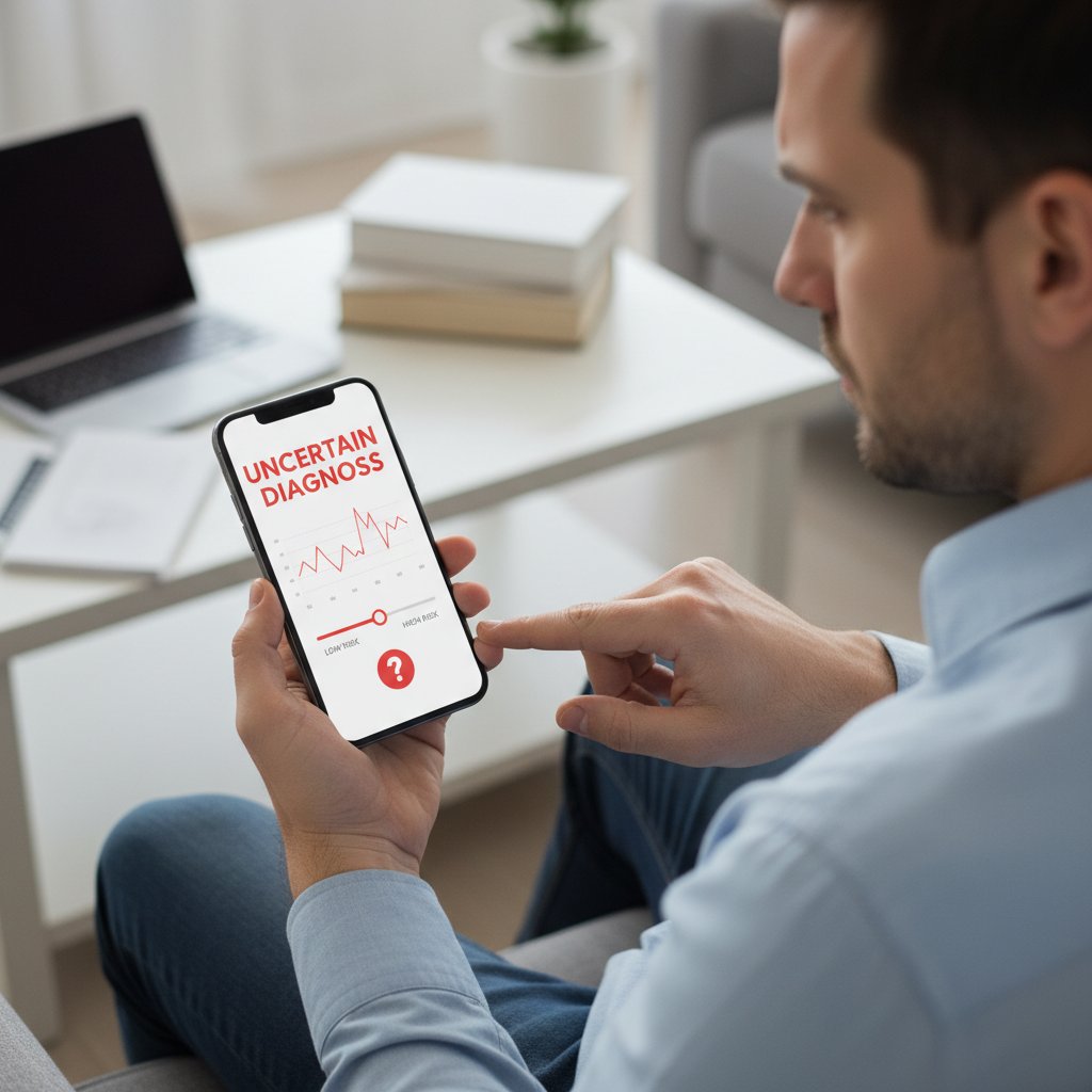 Osoba z wątpliwością patrzy na ekran wagi, w tle aplikacja mobilna z wynikami