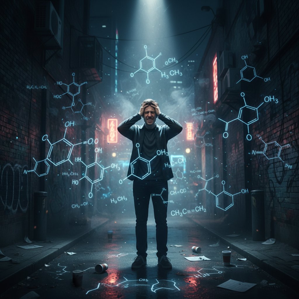 Osoba pod silnym światłem w ciemnym, miejskim otoczeniu, z symbolami wzorów chemicznych reprezentującymi hormony stresu