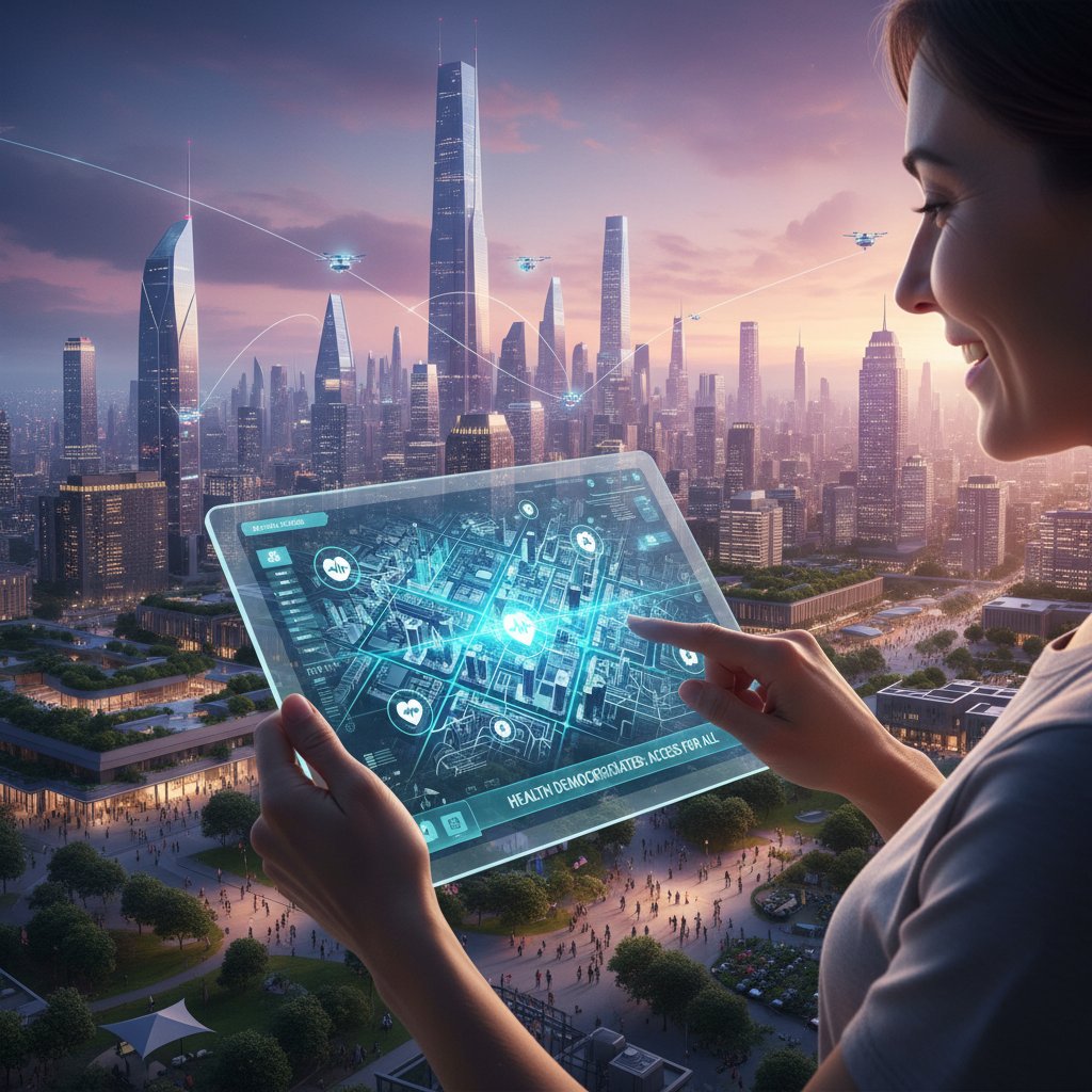 Zdjęcie osoby korzystającej z aplikacji AI na tle miejskiego krajobrazu, symbolicznie pokazujące demokratyzację dostępu do zdrowia