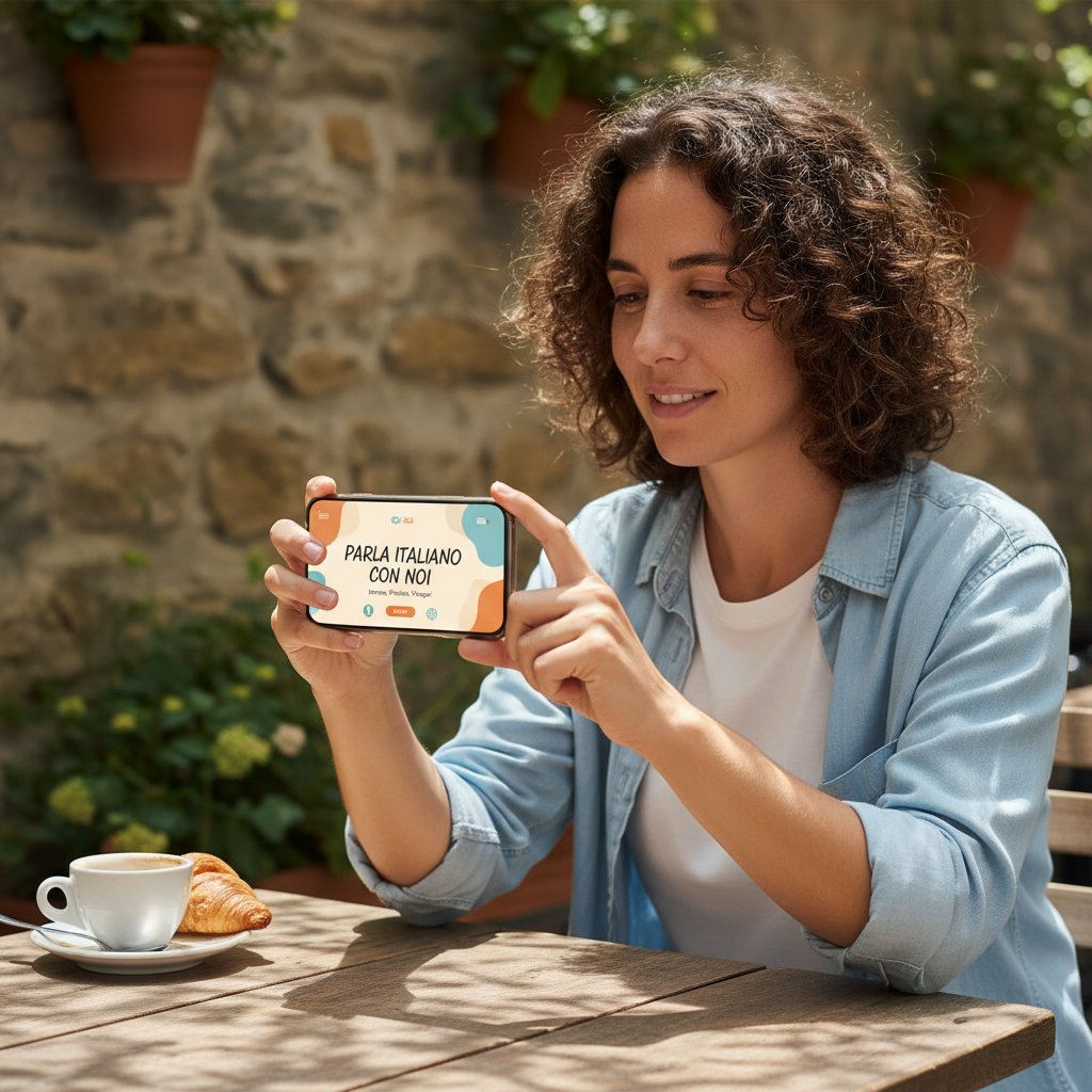 Osoba korzystająca z aplikacji AI do nauki pisania po włosku na smartfonie, uśmiechnięta, skupiona