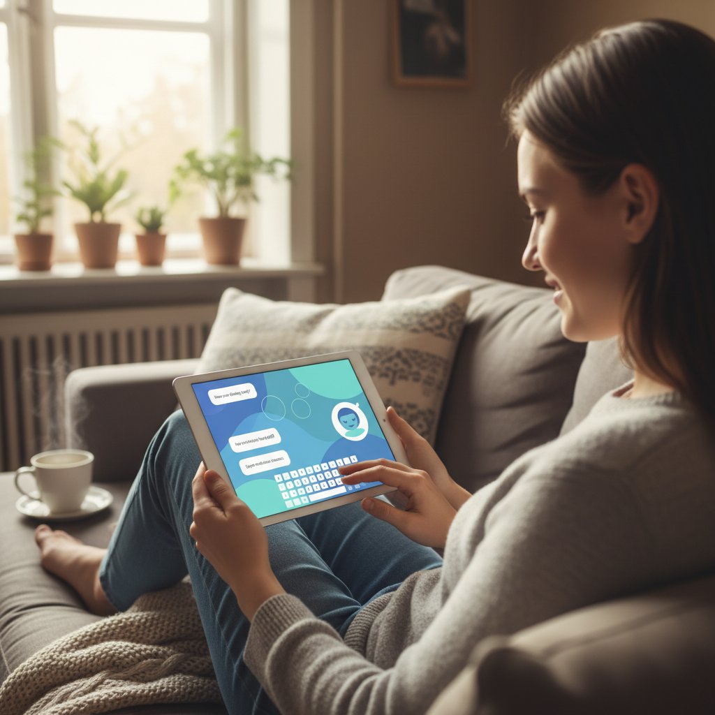 Osoba korzystająca z aplikacji AI na smartfonie, nowoczesne wsparcie psychologiczne