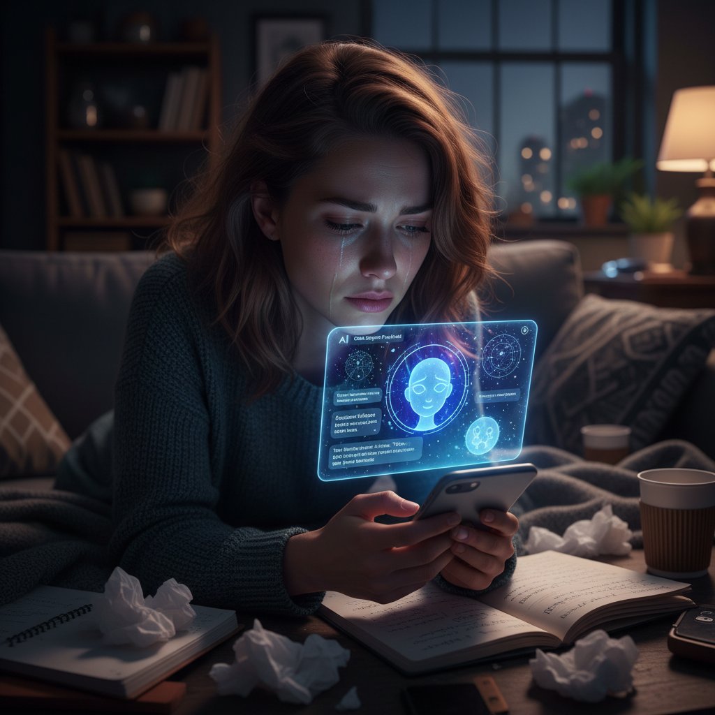 Osoba korzystająca z aplikacji astrologicznej AI, kryzys, wsparcie cyfrowe