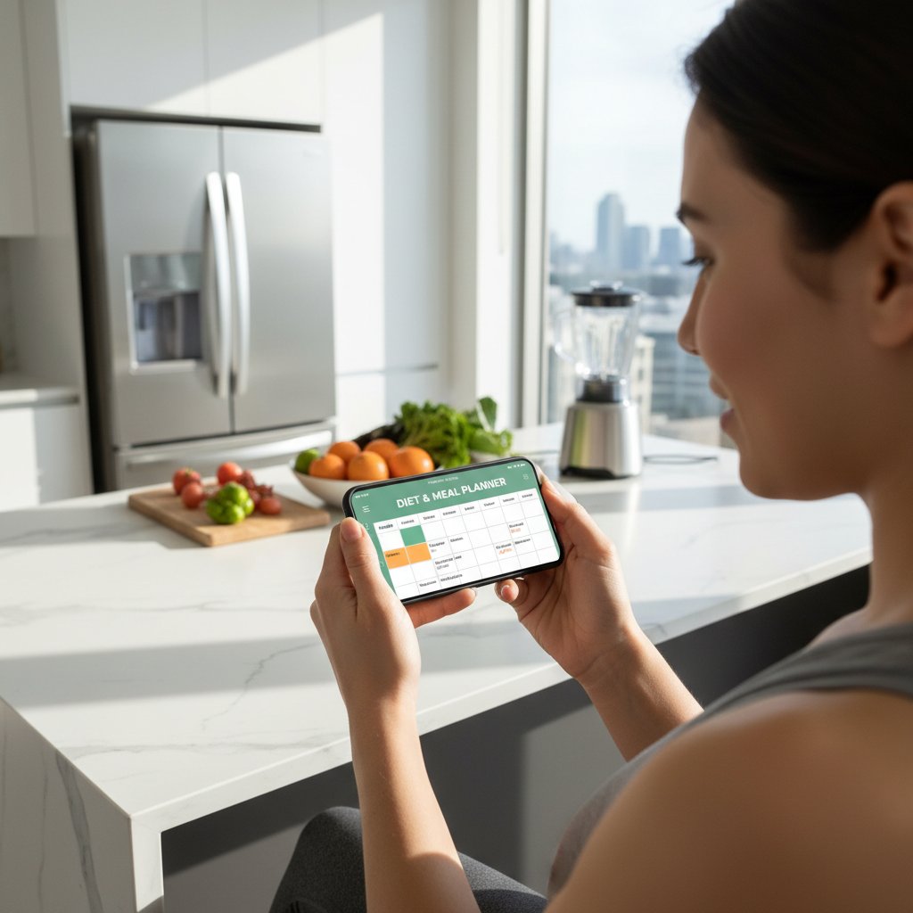 Zdjęcie osoby korzystającej z aplikacji dietetycznej AI w nowoczesnej kuchni, plan żywieniowy na smartfonie