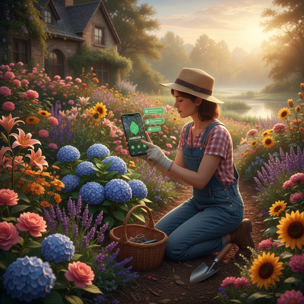 Osoba używająca aplikacji ogrodniczej AI na tablecie, widok rabaty na ekranie i w rzeczywistości