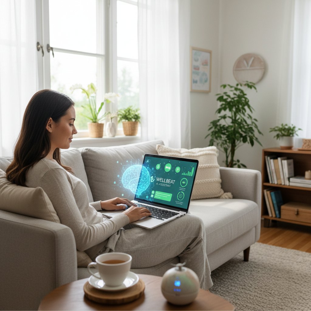 Osoba korzystająca z laptopa z wyświetloną stroną medyk.ai, w spokojnym, zaufanym otoczeniu – symbol wsparcia cyfrowego