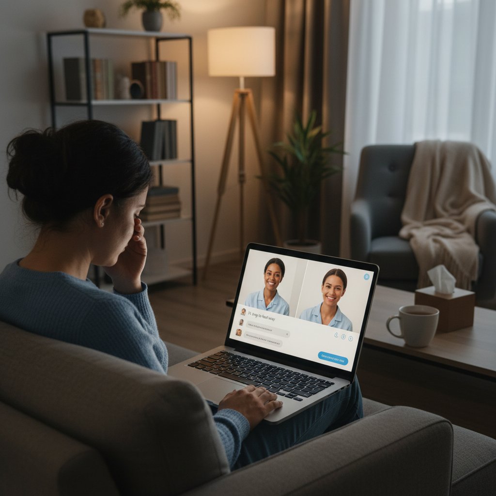 Osoba korzystająca z laptopa, wsparcie online, ilustracja cyfrowego wsparcia emocjonalnego