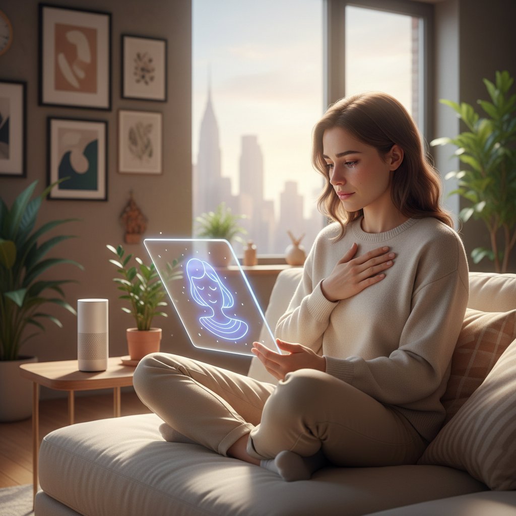 Osoba korzystająca z aplikacji AI wspierającej radzenie sobie z blokadami emocjonalnymi