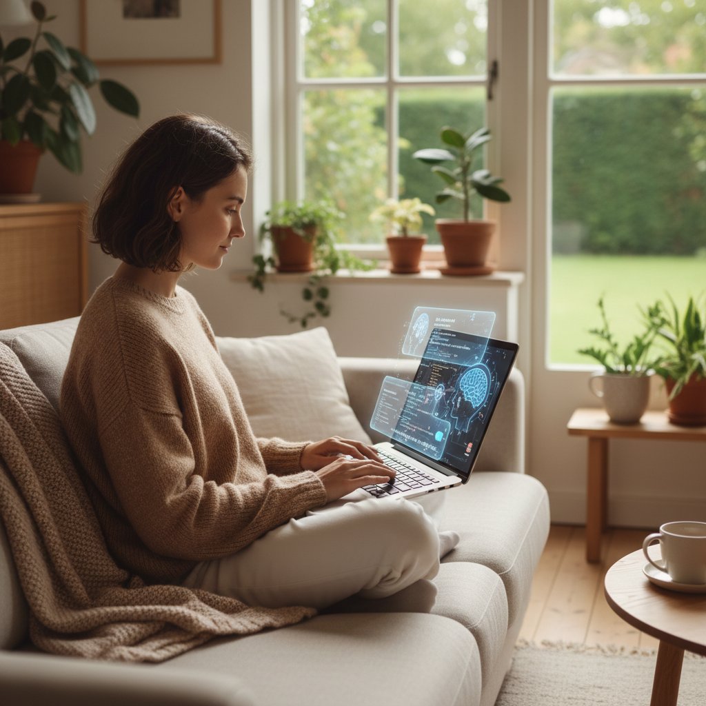 Osoba korzystająca z narzędzia AI na laptopie i smartfonie w domowym zaciszu