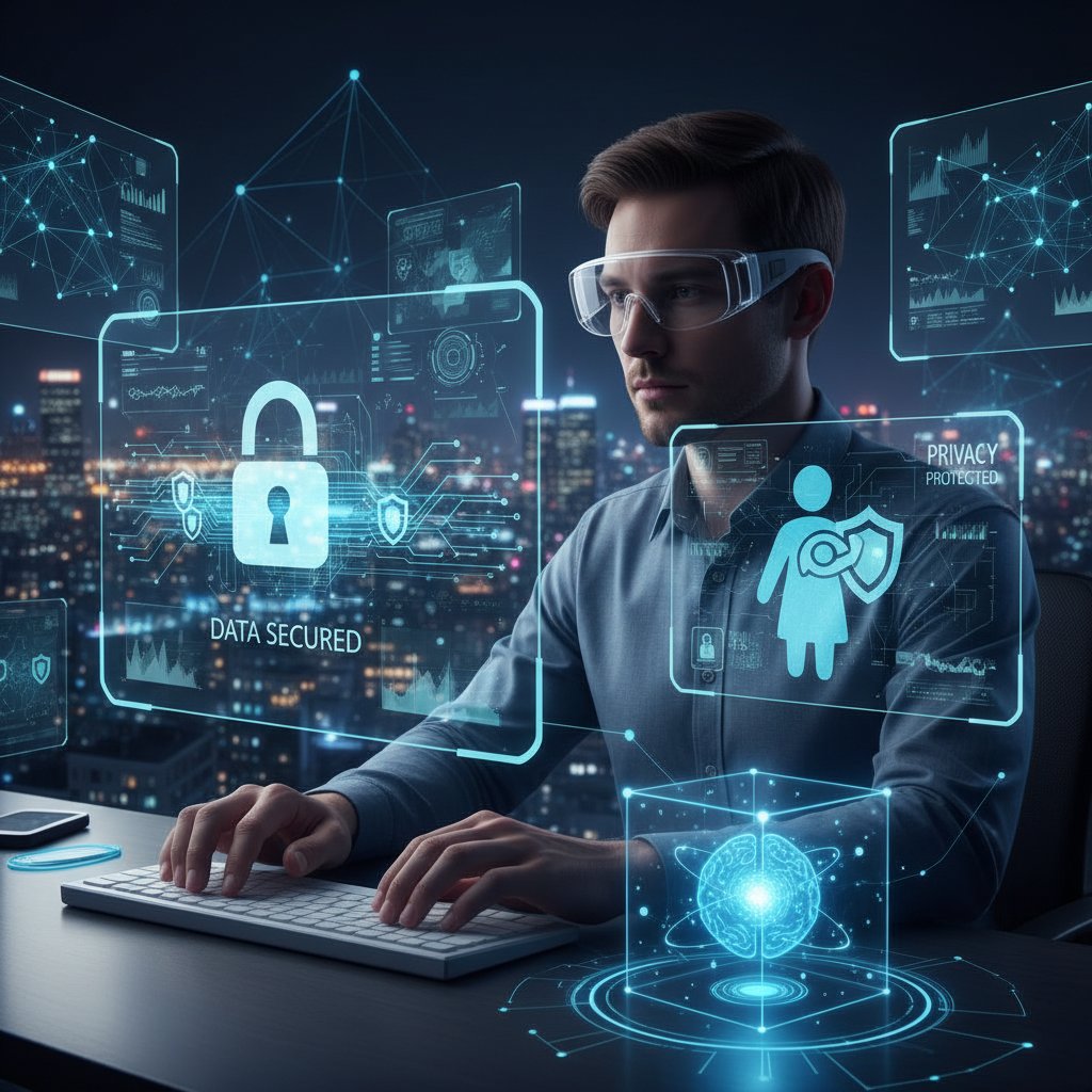 Osoba korzystająca z AI, wokół ekranu symboliczne motywy prywatności i bezpieczeństwa danych