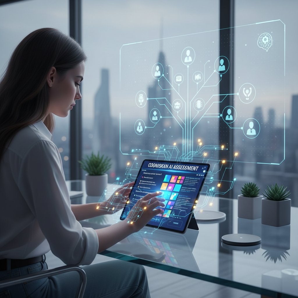 Młoda osoba korzystająca z aplikacji AI do testów psychometrycznych na laptopie, z wizualizacją sieci neuronowej