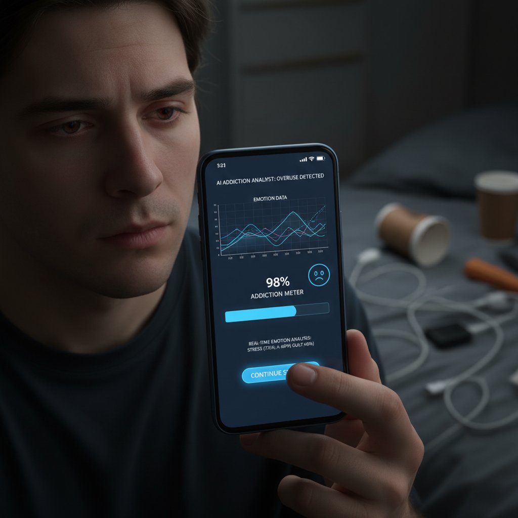 Osoba korzystająca z aplikacji AI monitorującej zachowania, ekran z analizą emocji