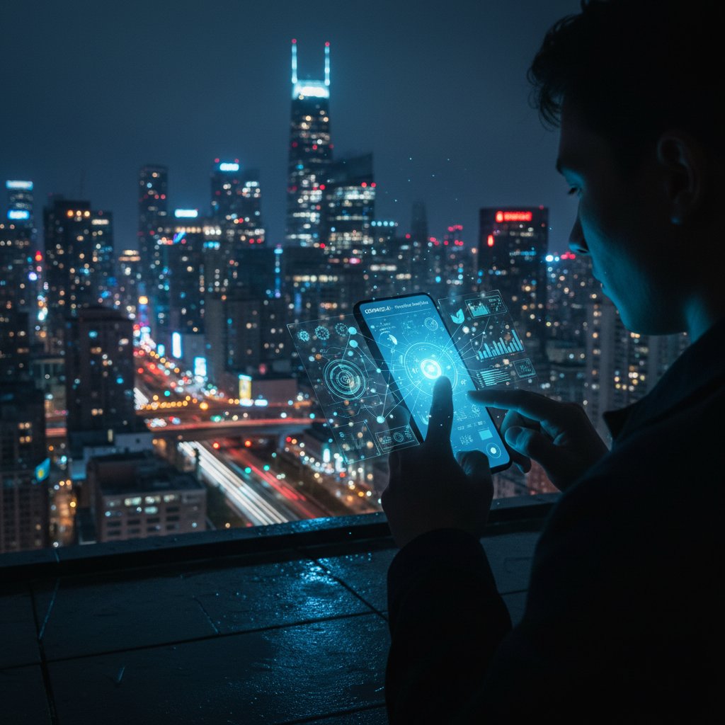 Młoda osoba korzystająca z aplikacji do tappingu na tle wieczornego miasta