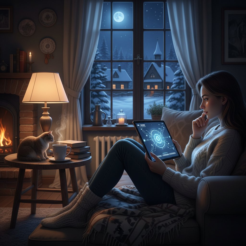 Osoba korzystająca z aplikacji AI w domowym zaciszu, polska sceneria, wieczór