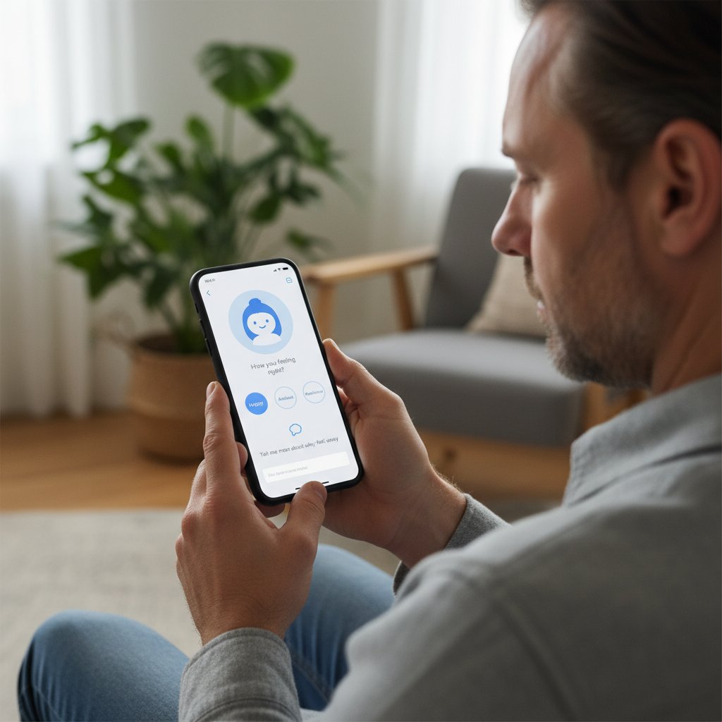Osoba korzystająca z aplikacji AI, ekran z pytaniami emocjonalnymi