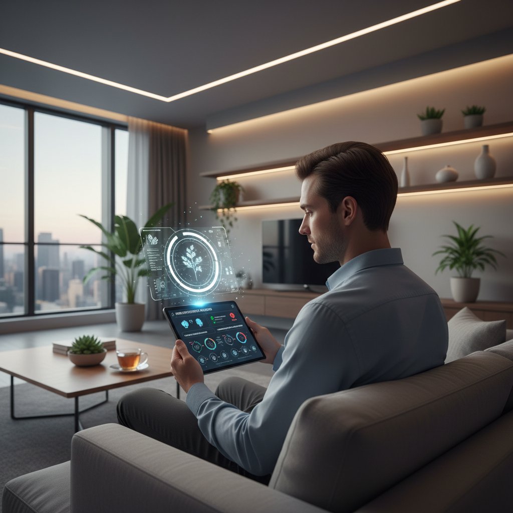 Osoba korzystająca z aplikacji AI na smartfonie, interfejs pokazuje ocenę skuteczności ziół, nowoczesne wnętrze