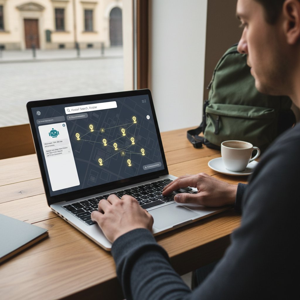 Osoba korzysta z nowoczesnej aplikacji AI do wyszukiwania hosteli w Krakowie, ekran laptopa z mapą i rekomendacjami