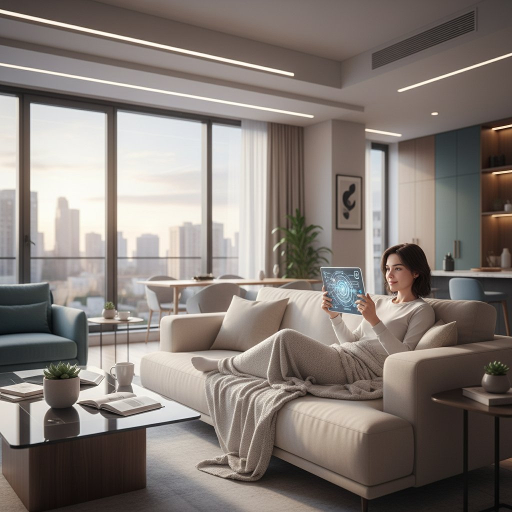 Osoba korzystająca z aplikacji psycholog.ai w nowoczesnym mieszkaniu, spokojna atmosfera