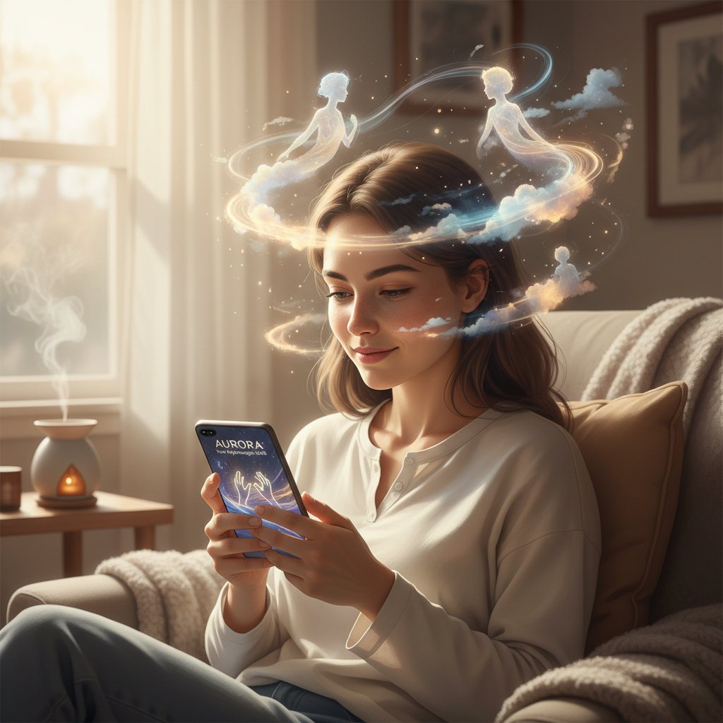 Osoba korzystająca z aplikacji AI na telefonie, atmosfera spokoju, jasne światło, temat wsparcia emocjonalnego i halucynacji hipnagogicznych
