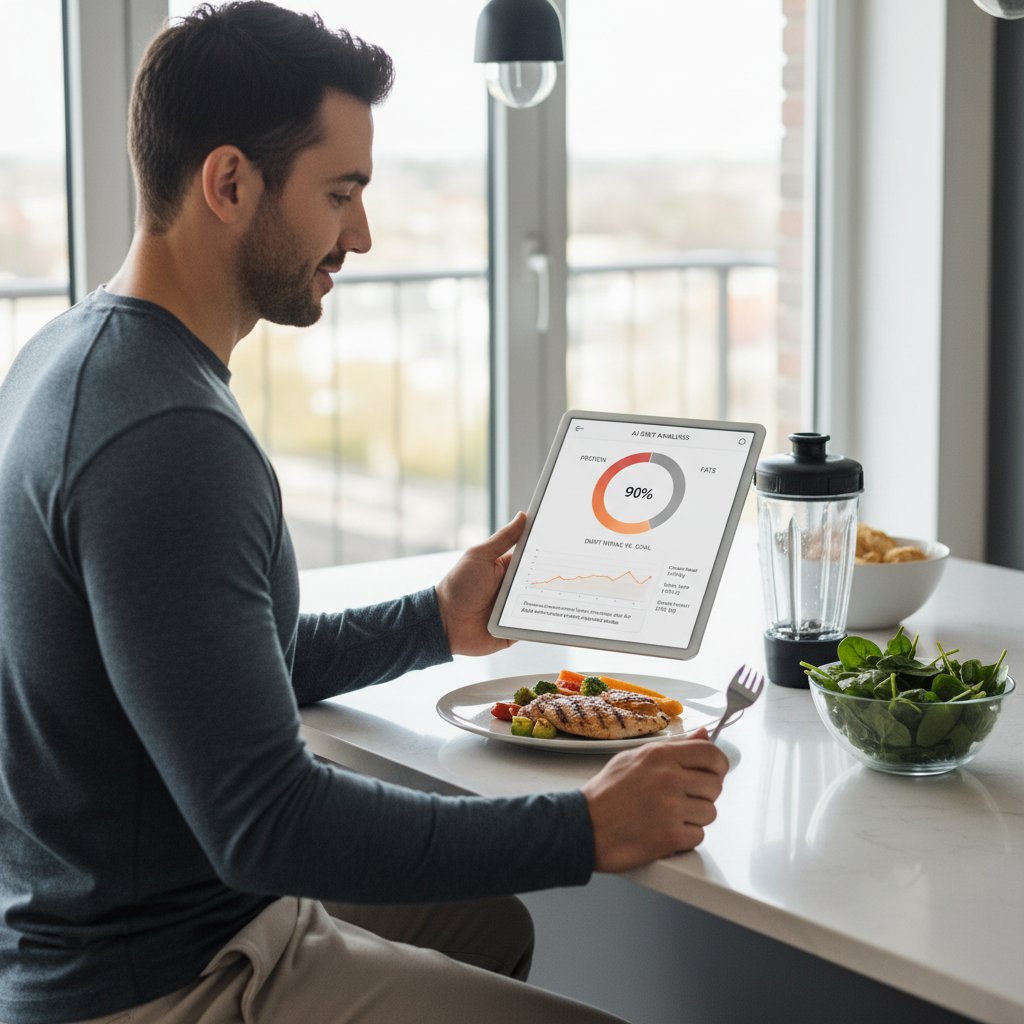 Osoba korzystająca z aplikacji medyk.ai na telefonie do analizy diety wysokobiałkowej