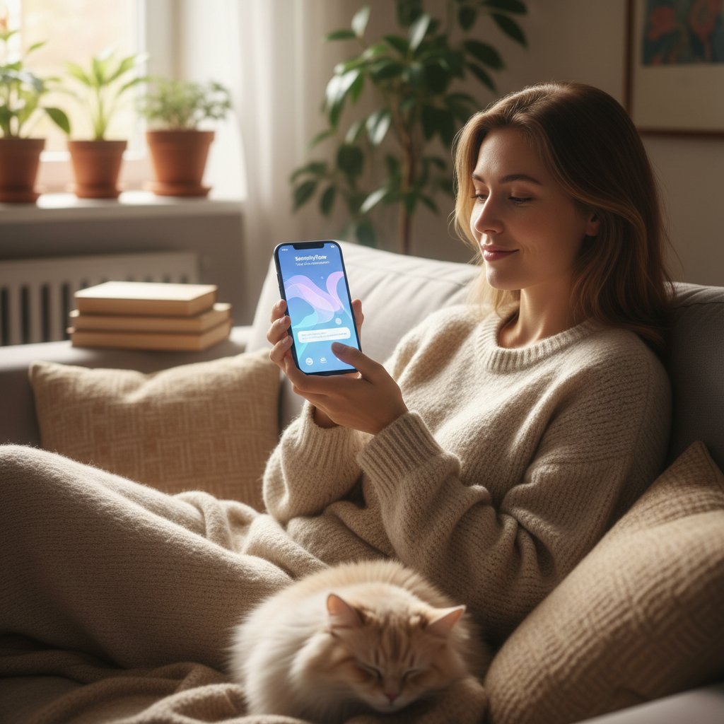 Osoba korzystająca z aplikacji AI na smartfonie, spokojne otoczenie domowe – relaks i wsparcie emocjonalne