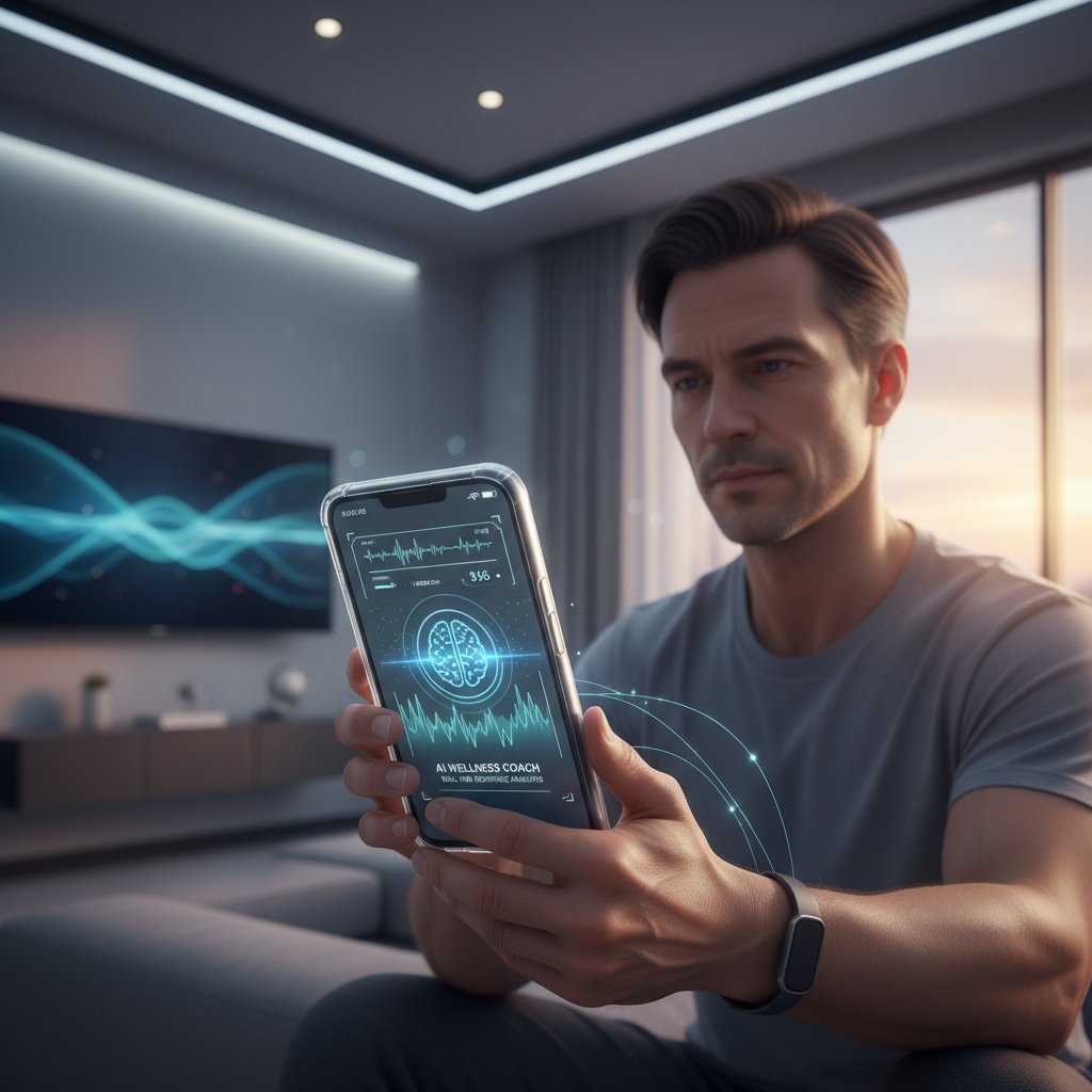 Osoba korzystająca z aplikacji AI, monitoring stresu, nowoczesna technologia