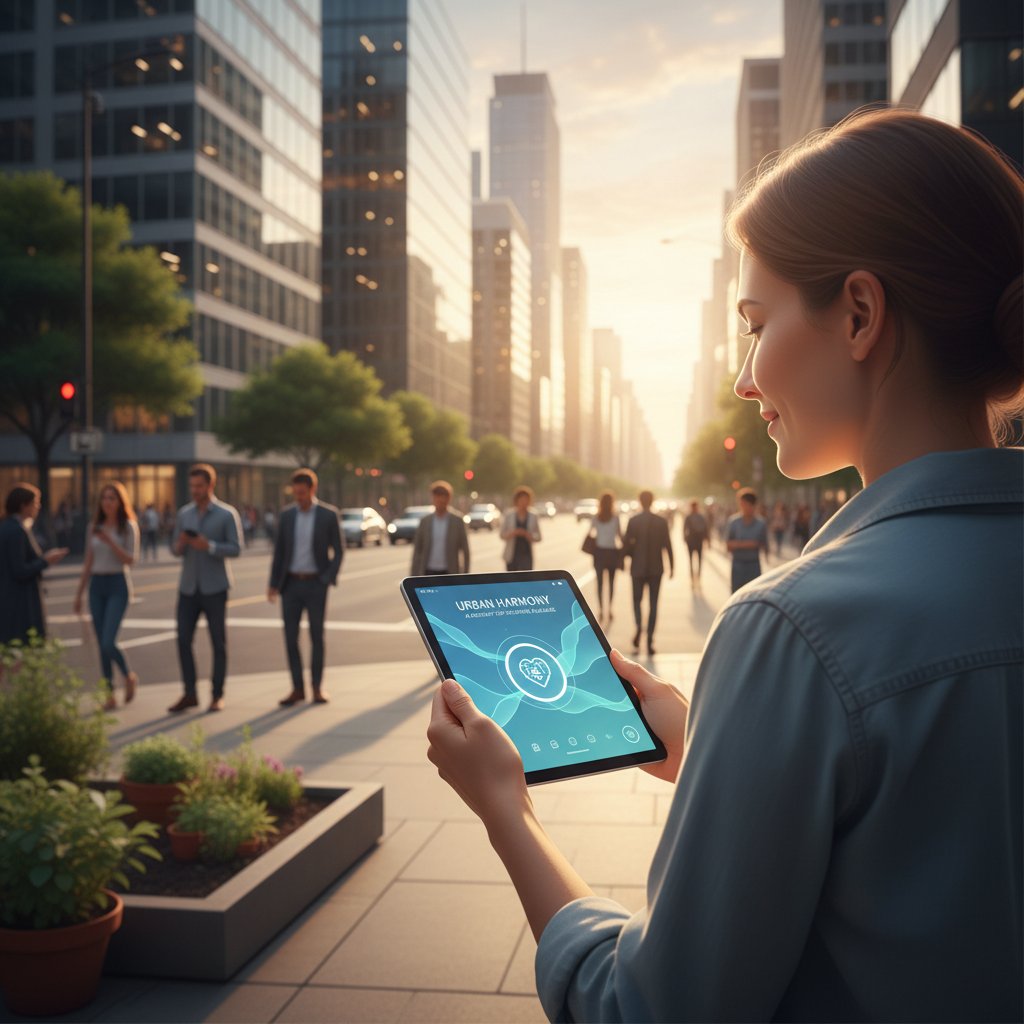 Osoba korzystająca z aplikacji AI do wsparcia emocjonalnego w miejskim otoczeniu