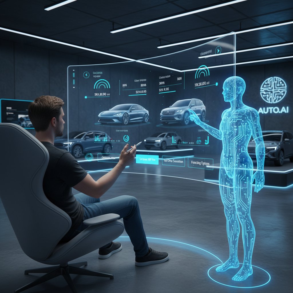 Person using an AI assistant to compare car models online, digital car dealer AI recommendation