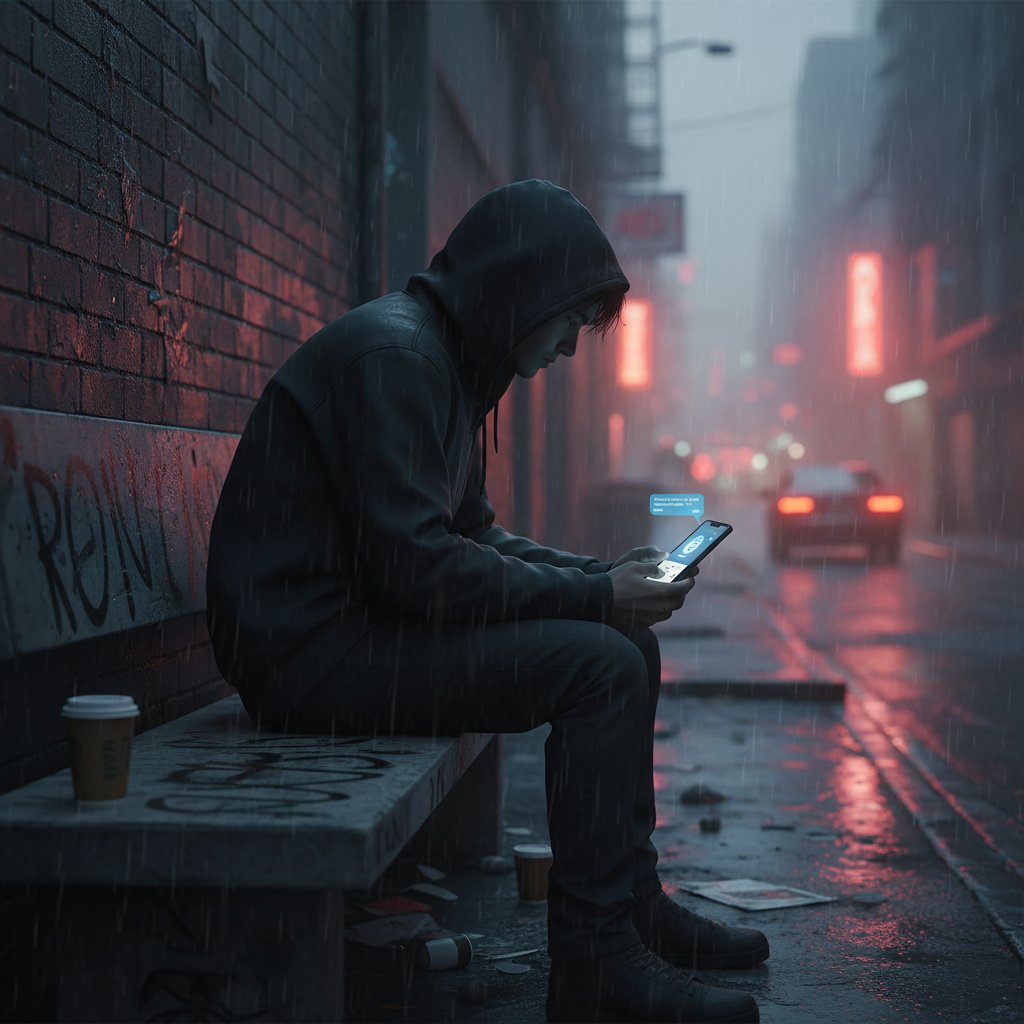 A young person interacting with a stylized AI assistant on their phone in an urban setting, reflecting the intersection of technology and relationship advice