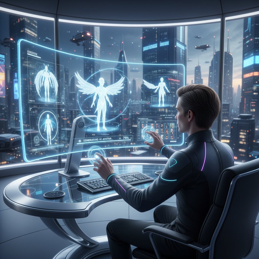 Osoba korzystająca z nowoczesnego kreatora awatarów AI na komputerze, ekran świeci futurystycznie